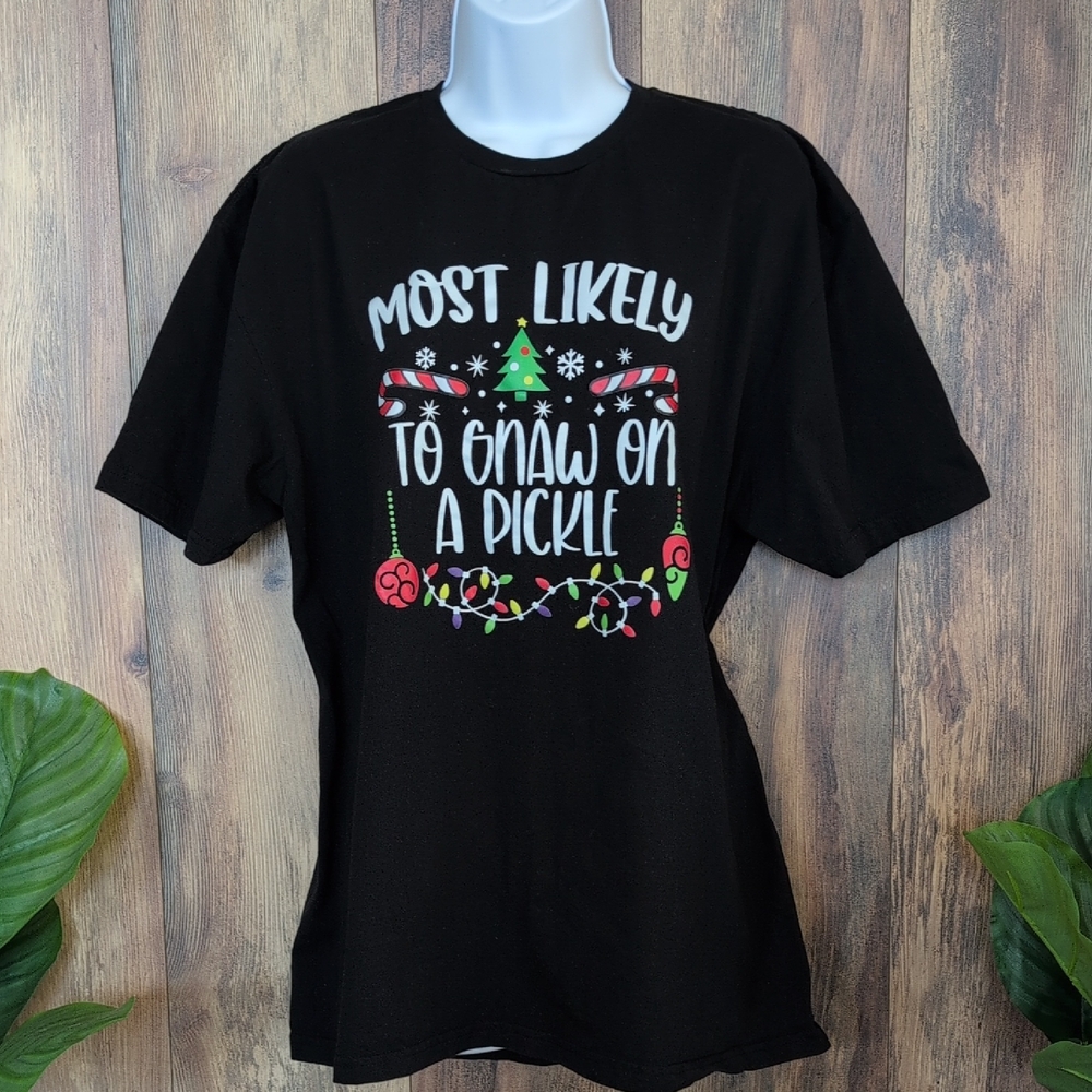 Gildan Black Short Sleeve Tee Pickle Lovers Festive Print XL             M678